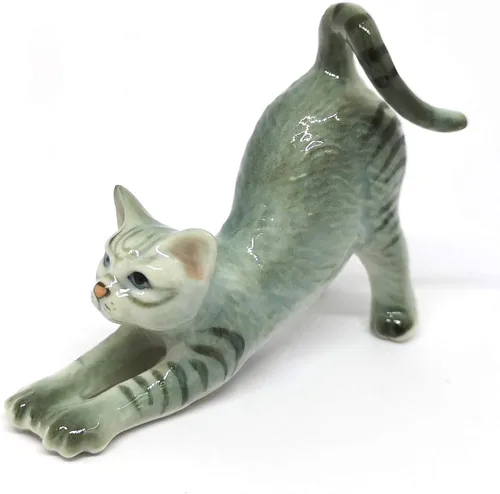 Vista 7 de Figura coleccionable de gato de cerámica cerámica miniatura gris pintado a mano
