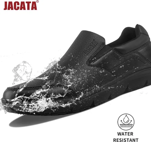 Vista 5 de Jacata Zapatos de trabajo negros antideslizantes para hombre, servicio de alimentos, zapatos de cuero resistentes al agua y antideslizantes sin