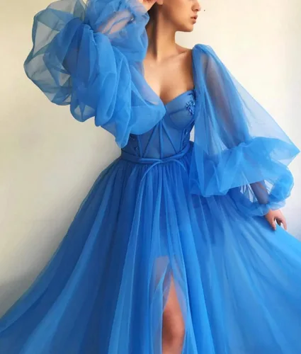 Vista 3 de Vestidos de graduación de tul con manga abombada con abertura 2024, vestido largo de baile de novia, vestidos formales para mujer, fiesta de noche