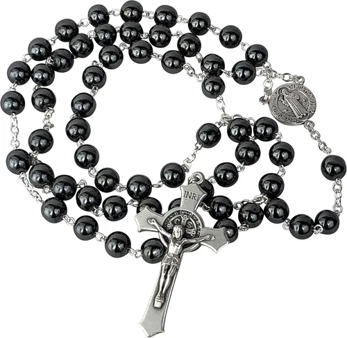 Vista 3 de Rosario pesado de San Benito para hombre con cuentas de hematita genuina, Metal Hematita Metal, Hematita