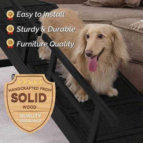 Vista 7 de Rampa para perros para cama o sofá, rampa de madera para mascotas con pendiente suave de 20°, rieles laterales extraíbles, superficie