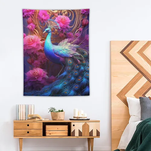 Vista 4 de JHION Tapiz de pavo real, hermoso tapiz de pájaro para colgar en la pared, tapices estéticos psicodélicos, arte de pared, decoración del hogar