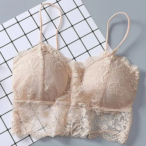 Vista 4 de 3 piezas de bralette de encaje para mujeres y niñas, sexy con tirantes cruzados en la espalda, acolchado sin varillas, sujetador bandeau, G