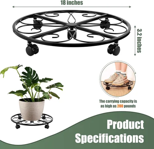 Vista 6 de 3 paquetes de 18 pulgadas para plantas con ruedas, soporte de metal para plantas de interior y exterior, soporte rodante para plantas con ruedas