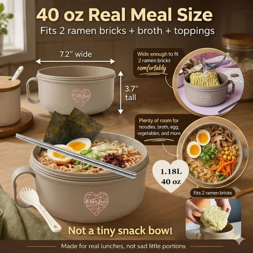 Vista 2 de Tazón de ramen para microondas de 40 onzas, olla de ramen con tapa, regalo de dormitorio universitario, color beige BPA Free