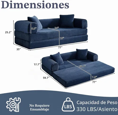 Vista 2 de Sofá cama plegable convertible 4 en 1, sofá cama plegable con marco de forma fija, sofá plegable de pana nube para sala de estar y dormitorio