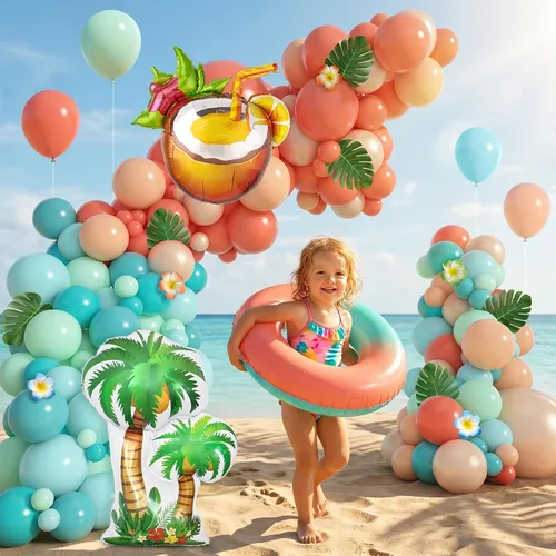 Vista 5 de Amandir Kit de guirnalda de arco de globos tropicales de 165 piezas, azul aguamarina, coral, rojo, rubor, verde pastel, globos de coco, hojas