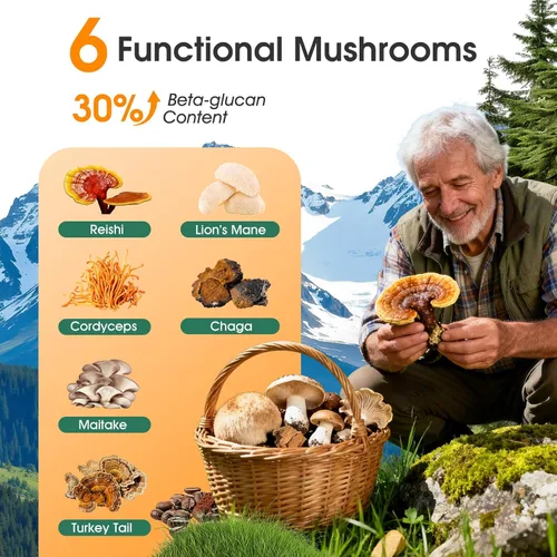 Vista 2 de Café de hongos con colágeno, vitaminas y minerales, 6 hongos adaptogénicos, melena de león, reishi, chaga y más, café instantáneo orgánico