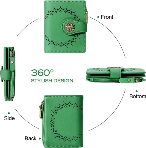 Vista 6 de Tipmile Billeteras pequeñas de cuero para mujer, con 2 ventanas de identificación, con bloqueo RFID, tarjetero con cremallera y bolsillo para Verde