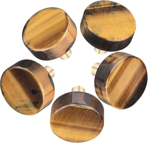 Vista 4 de Amogeeli 4 pomos de latón con piedra de ojo de tigre con tornillos, mango redondo decorativo para gabinete