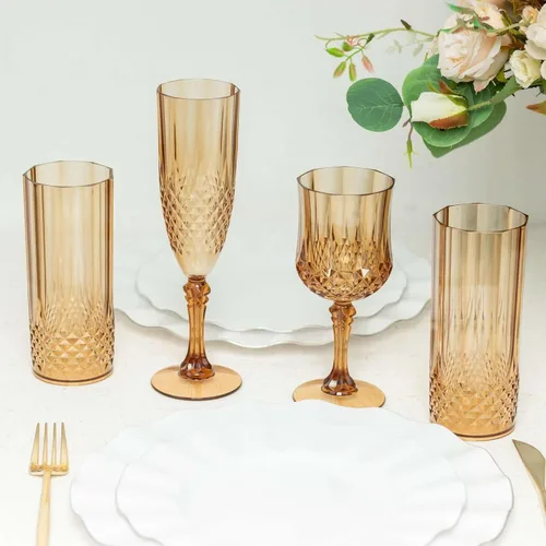 Vista 2 de Efavormart - Paquete de 6 copas de vino de plástico de 8 onzas con corte de cristal dorado ámbar, copas de cóctel inastillables teñidas cálidas