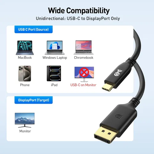 Vista 6 de Cable Matters [Certificado VESA] Cable USB C unidireccional a DisplayPort 2.1 de 40 Gbps – 3.3 pies, soporta DP40, 8K @120Hz / 4K a 480Hz