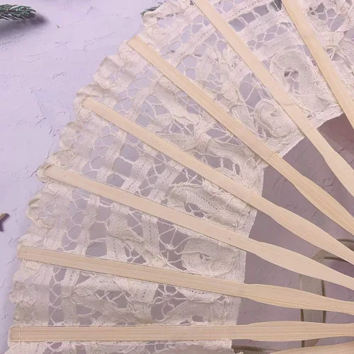 Vista 5 de Ventilador de mano plegable, abanico de encaje para mujer, elegante abanico de algodón hecho a mano, abanicos retro vintage con varillas de bambú
