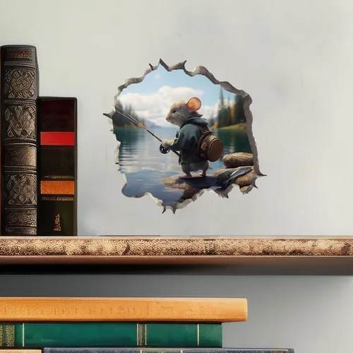 Vista 3 de Pegatina de pared 3D con agujero de ratón de pescador con agujero de ratón