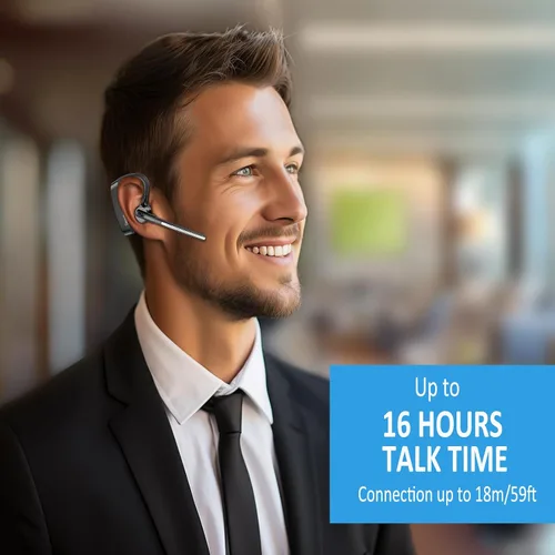 Vista 6 de Conambo Auriculares Bluetooth con doble micrófono con cancelación de ruido y botón de silencio, auricular inalámbrico para 16 horas de conversación