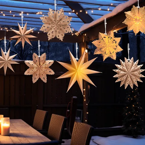 Vista 6 de Leinuosen Juego de 10 Faroles de Papel de Copo de Nieve de Navidad, Faroles de Estrella de Papel con 10 Luces LED, Lámpara de Estrella Colgante