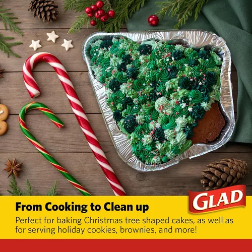Vista 5 de Glad Holiday Edition Moldes de Aluminio para Hornear con Forma de Árbol de Navidad con Patrón de Copos de Nieve Rojos y Blancos, Moldes Desechables