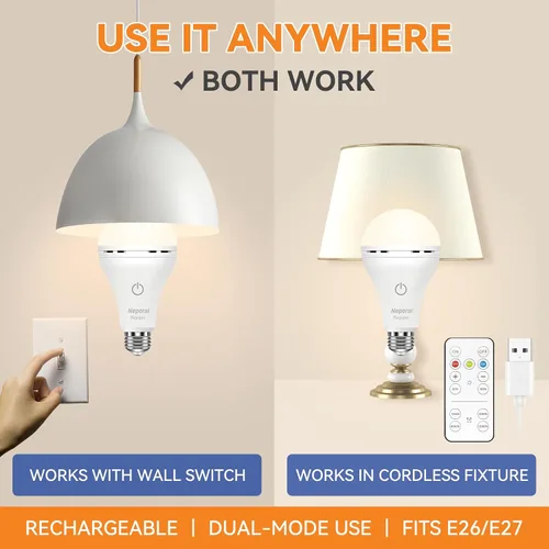 Vista 2 de Bombillas LED Recargables con Control Remoto MagixPro, Carga USB y Enchufe, Batería de 1800mAh, Bombilla LED Regulable para Lámparas Cableadas y No