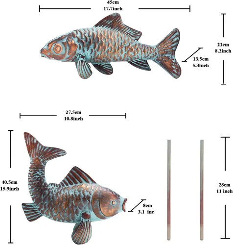 Vista 9 de Juego de 2 esculturas de peces Koi para exteriores, estatua de jardín, estanque, peces, patio, esculturas y estatuas de Koi de cobre antiguo
