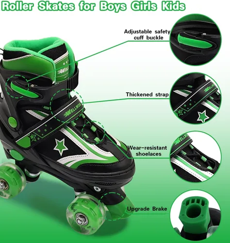 Vista 4 de Patines de ruedas para niños y niñas, 4 tamaños ajustables para niños con ruedas iluminadas, patines para niños y niñas de 5 a 8 a 12 años, verde