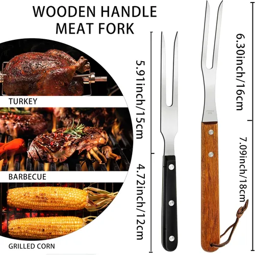 Vista 8 de Ponpon 2 tenedores de carne de acero inoxidable con mango de madera, tenedor de barbacoa para cocinar cocina (2)