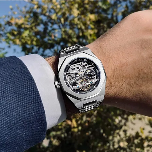 Vista 3 de FORSINING Reloj automático mecánico de pulsera para hombre octogonal impermeable reloj de esqueleto de lujo diamante Tourbillon plateado correa