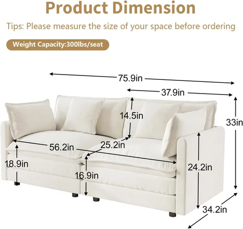 Vista 2 de GNIXUU Sofá modular de 76 pulgadas, sofá biplaza beige de 2 plazas, cómodos asientos de felpilla de 25 pulgadas de profundidad con 2 almohadas