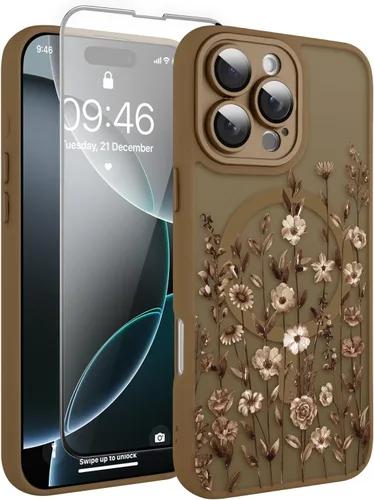Vista 76 de Magnético para iPhone 13 con protector de pantalla [Compatible con MagSafe] Diseño de patrón floral de flores bonitas, funda delgada a prueba