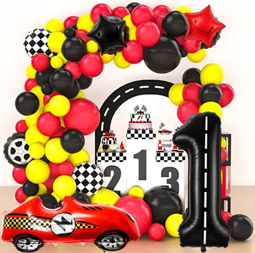 Vista 4 de Decoraciones de cumpleaños de carreras de 1 año, globos rojos grandes de coche de carreras de 40 pulgadas, globo negro número 1, globo a cuadros