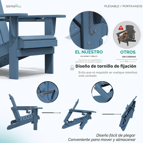 Vista 3 de SERWALL Juego de 4 sillas Adirondack para exteriores con 2 portavasos, plegable, azul