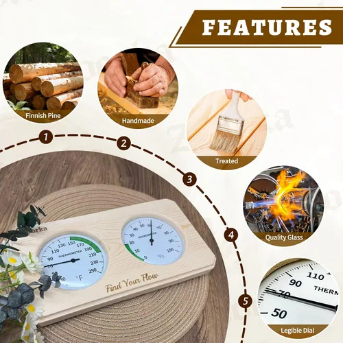 Vista 5 de Fahrenheit - Termómetro de sauna e higrómetro 2 en 1, termómetro de sauna con vidrio resistente al calor, accesorios de sauna de grado profesional