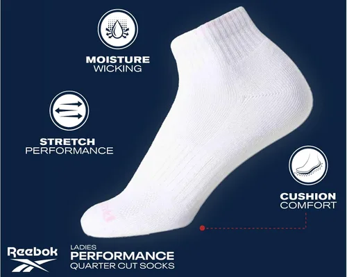 Vista 3 de Reebok Calcetines deportivos acolchados cómodos de corte de un cuarto para mujer (paquete de 6)