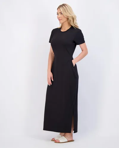Vista 5 de Real Essentials Paquete de 3 Vestido largo casual de manga corta para mujer, vestido de verano con abertura y bolsillos
