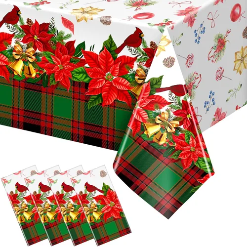 Vista 8 de Peryiter 2 piezas de mantel de plástico de Navidad alegre, 54 x 108 pulgadas, rojo de invierno, flor, loro, desechable, para decoración de fiesta