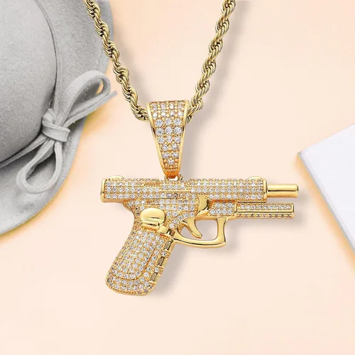 Vista 3 de Collar con colgante de pistola punk para hombre, chapado en oro, disco de hip hop, diamantes de imitación, collares de pistola para hombres