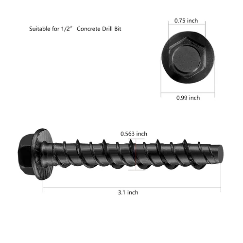 Vista 5 de Wensilon Tornillo de hormigón chapado en epoxi negro de 1/2 x 3 pulgadas, resistente a la corrosión, grosor real de 9/16 pulgadas (0.551 in)