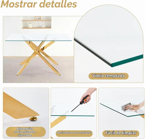 Vista 6 de Juego de mesa de comedor de 5 piezas para 4, mesa rectangular moderna de cristal con 4 sillas tapizadas de cuero, juegos de mesa y sillas de comedor