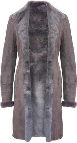 Vista 3 de Infinity Leather Abrigo de piel de oveja de gamuza merino gris con botones 34 para mujer