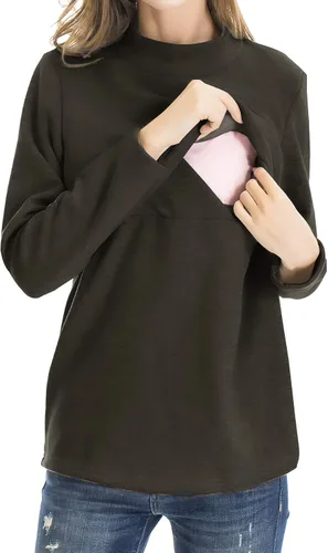 Vista 2 de Smallshow Camisetas de maternidad con forro polar para mujer, manga larga, ropa para amamantar Verde militar