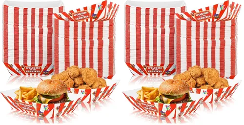 Vista 9 de Tenceur 50 Piezas Bandejas de Papel de Carnaval para Alimentos 2lb Decoraciones de Carnaval Cuencos de Nachos a Rayas Rojas y Blancas Barcos