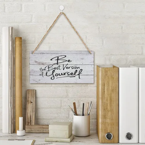 Vista 2 de Divertido letrero de madera estilo granja con texto en inglés «Be the Best Version Of Yourself», calcomanía de vinilo con texto en inglés «Be the