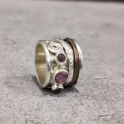 Vista 5 de Rose Quartz Spinner Band, Meditation Ring, 925 Sterling Silver Ring, Spinning Ring, Two Tone Ring, Fidget Ring, Handmade Jewelry, Christmas