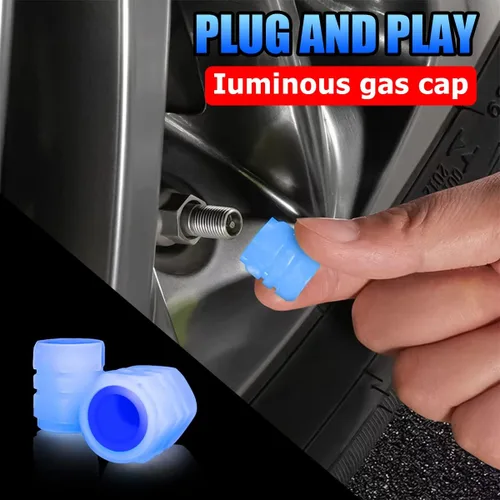 Vista 4 de Tapas fluorescentes para válvulas de neumáticos de auto, 12 tapas luminosas iluminadas para válvulas de rueda, resistentes a la corrosión que