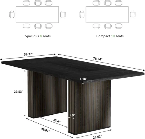 Vista 2 de Mesa de comedor rectangular de 198 cm para 6 a 10 personas, mesa de cocina estilo granja con estrías, mesa larga de madera moderna para cocina