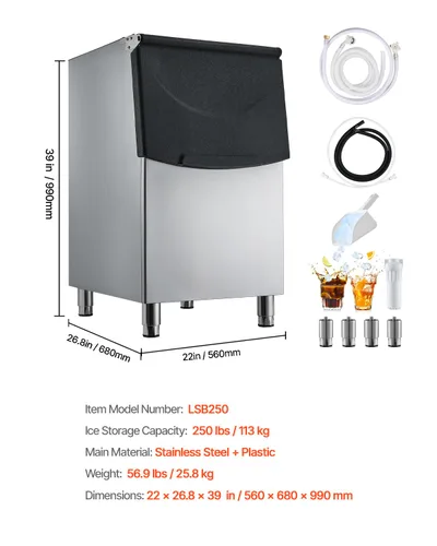 Vista 7 de VEVOR Cubo de almacenamiento de hielo, capacidad de 250 libras, contenedores de almacenamiento de hielo de acero inoxidable con filtro y patas