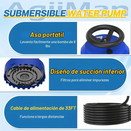 Vista 2 de AgiiMan 1HP 5000GPH Bomba de sumidero automática, bomba de agua sumergible Azul