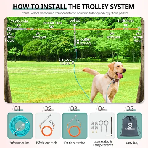 Vista 2 de Sistema de Trolley Profesional para Perros Corredores, Línea de Zip Resistente y Ajustable de 30 pies para Perros con Amarres de 10 y 15 pies