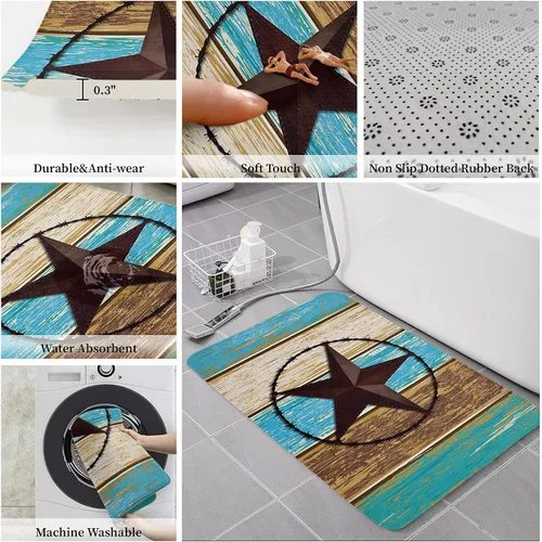 Vista 6 de Tapete para puerta de estilo rústico occidental, con estrella en azul, verde azulado, marrón, grano de madera, absorbente, tapete de baño