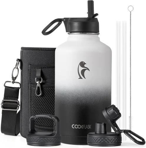 Vista 85 de Coolflask Botella de agua de 20 onzas aislada con pajilla, 3 tapas de metal de acero inoxidable, botella de agua de boca ancha para deportes u