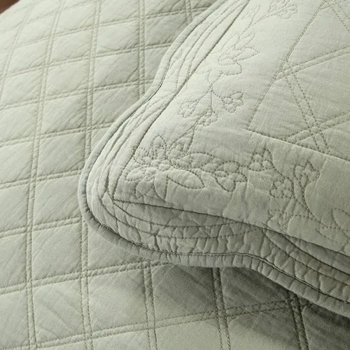 Vista 6 de vctops Juego de edredón bordado floral 100% algodón, 3 piezas, tamaño matrimonial/queen, reversible, con patrón de diamante, colcha acolchada Verde